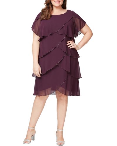 Sl Fashions Bugle Beaded Tiered Cocktail Dress - Purple