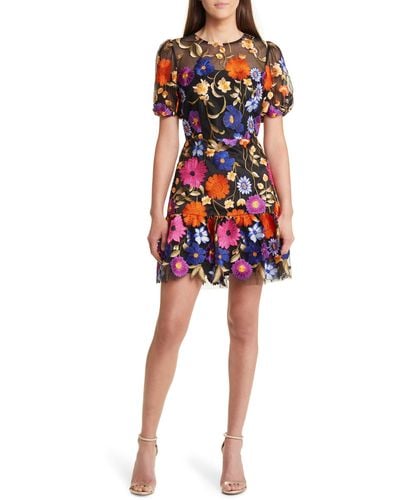 MILLY Yasmin Floral Embroidered Puff Sleeve Mesh Fit & Flare Dress