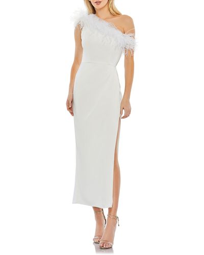 Mac Duggal Feather Trim One-shoulder Cocktail Midi Dress - White