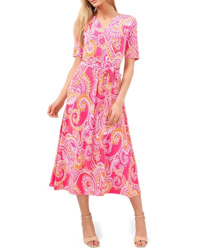 Chaus Paisley Tie Waist Midi Dress - Pink