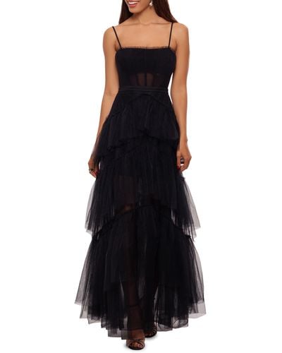 Betsy & Adam Tiered Tulle Ruffle Gown - Black