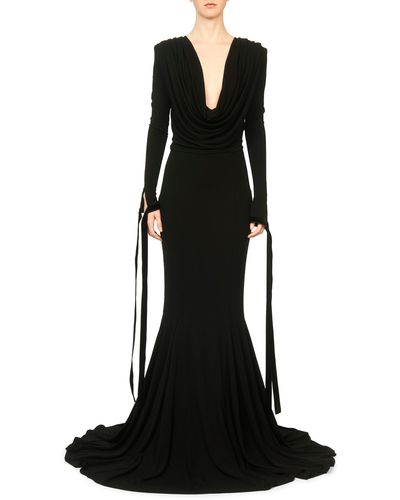 Interior The Shep Plunge Neck Long Sleeve Gown With Train - Black