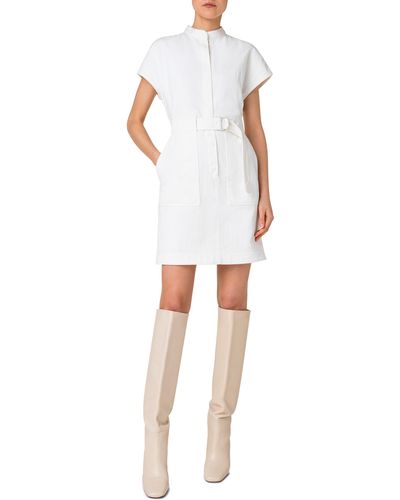 Akris Punto Belted Short Sleeve Stretch Cotton Denim Dress - White