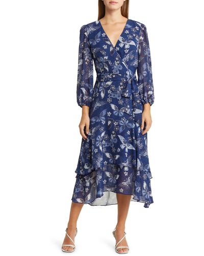 Eliza J Floral Long Sleeve Faux Wrap Midi Dress - Blue