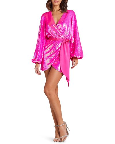 Nadine Merabi Izzie Sequin Long Sleeve Wrap Dress - Pink