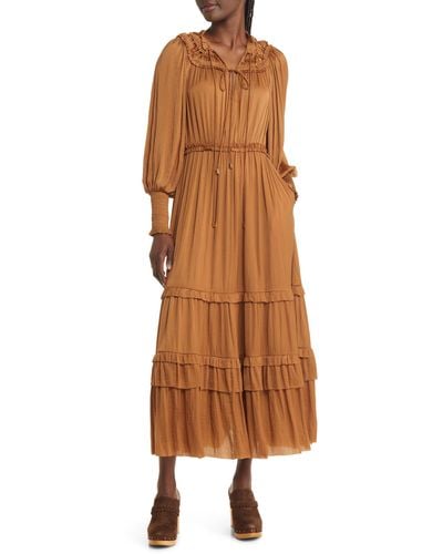 Moon River Long Sleeve Crinkle Satin Tiered Maxi Dress - Brown