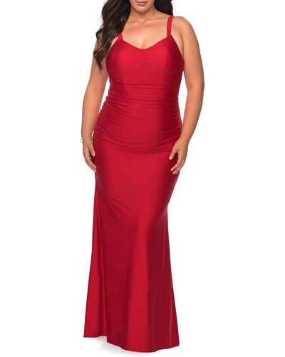 La Femme Ruched Satin Jersey Gown - Red