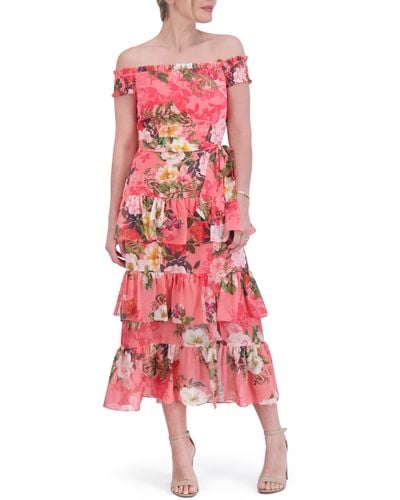 Eliza J Floral Off The Shoulder Tiered Midi Dress