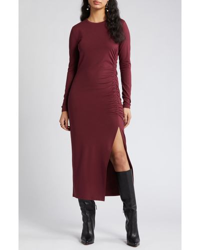 Open Edit Ruched Long Sleeve Midi Dress - Red