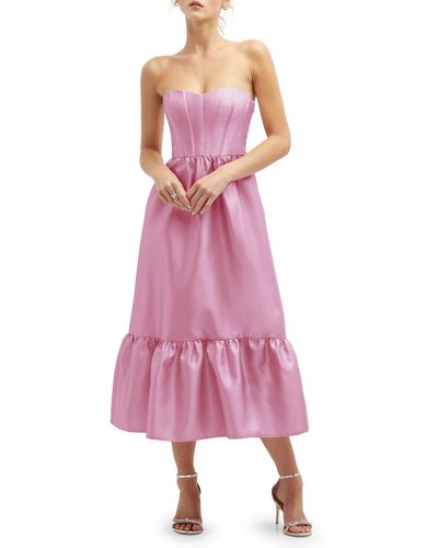 Dessy Collection Corset Ruffle Hem Strapless Satin Midi Dress - Pink