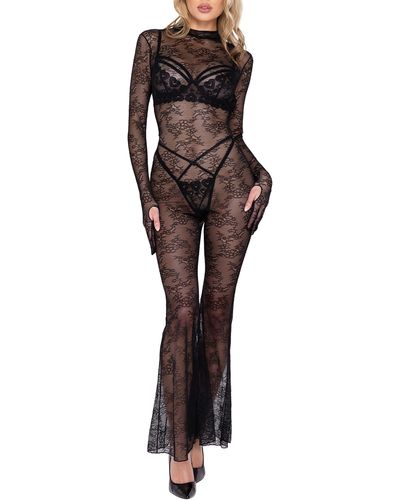 ROMA CONFIDENTIAL Floral Long Sleeve Lace Bell Bottom Catsuit - Black