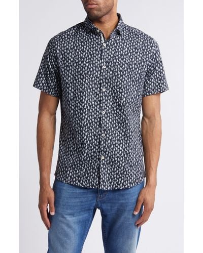Stone Rose Sailboat Print Short Sleeve Stretch Cotton & Lyocell Button-up Shirt - Gray