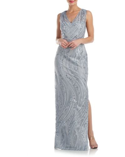 JS Collections Rosalynn Embroidered Floral V-neck Column Gown - Metallic