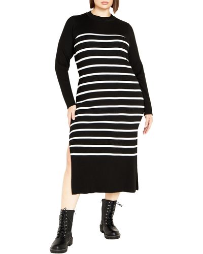 City Chic Maddie Stripe Long Sleeve Rib Dress - Black