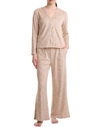 Splendid Long Sleeve Wide Leg Velour Pajamas - Natural
