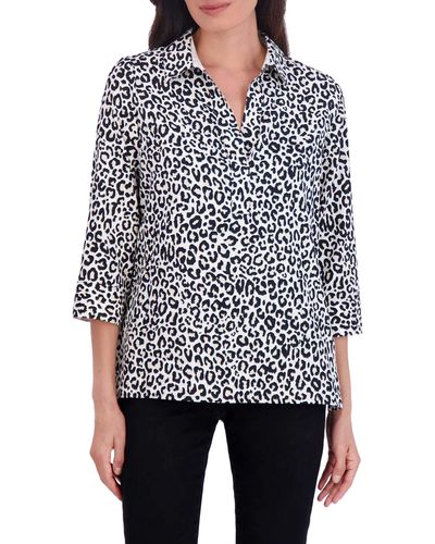 Foxcroft Sophia Leopard Print Three-quarter Sleeve Cotton Popover Shirt - White