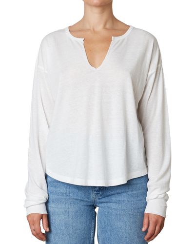 Nia Notched Long Sleeve Jersey Top - White