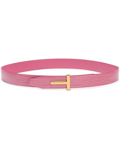 Tom Ford T Icon Reversible Croc Embossed Patent Leather Belt - Pink