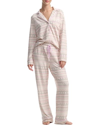 Splendid Plaid Long Sleeve Knit Pajamas - Natural