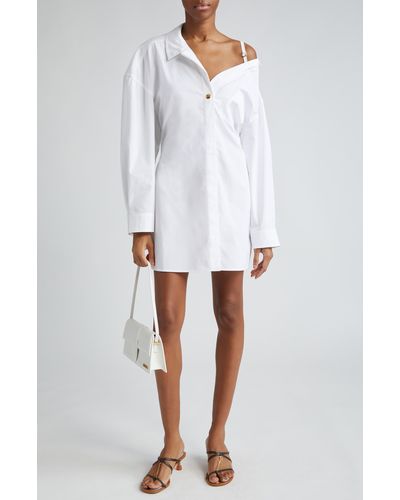 Jacquemus La Mini Robe Chemise Long Sleeve Cotton Shirtdress - White