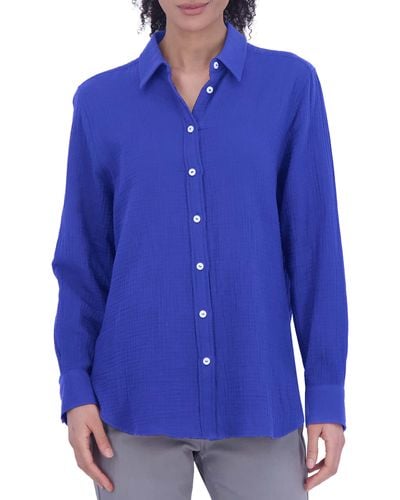 Foxcroft Cotton Gauze Tunic Button-up Shirt - Blue