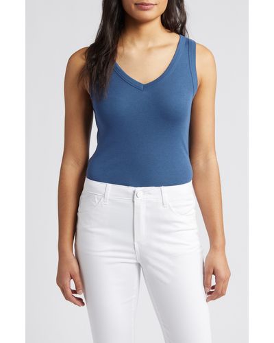 Caslon Caslon(r) V-neck Organic Cotton Blend Tank Top - Blue