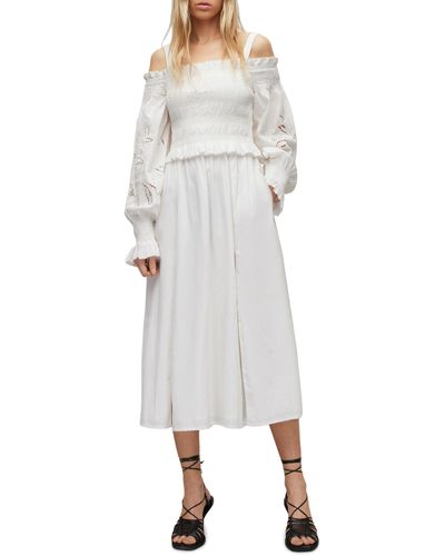 AllSaints Launa Broderie Cotton Smocked Off The Shoulder Midi Dress - Gray