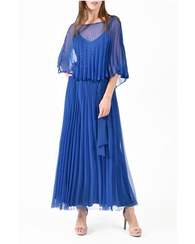Komarov Sunburst Pleated Chiffon Blouson Midi Dress - Blue