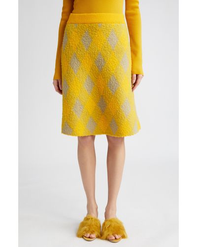 Burberry Equestrian Knight Argyle Brushed Wool A-line Skirt - Yellow