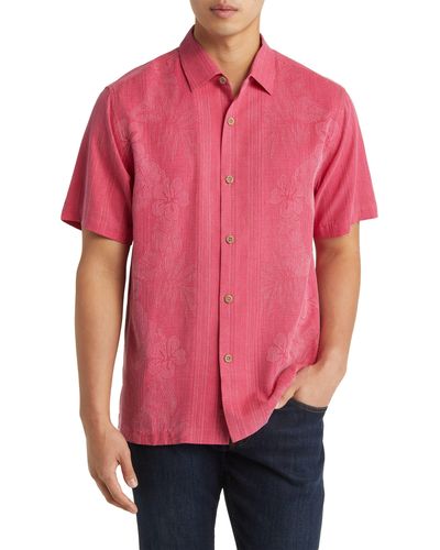 Tommy Bahama Bali Border Floral Jacquard Short Sleeve Silk Button-up Shirt - Red