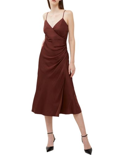 French Connection Ennis Ruched Satin Faux Wrap Midi Dress - Brown