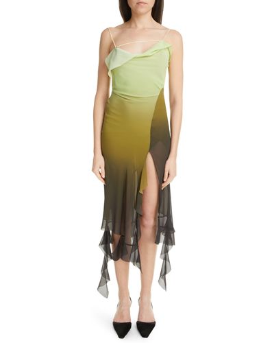Acne Studios Delouise Asymmetric Ombré Ruffle Chiffon Dress - Green
