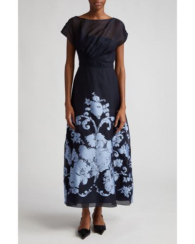 Lela Rose Evelyn Floral Embroidery Dress - Blue