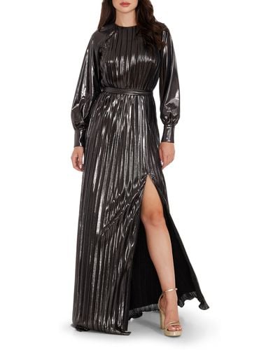 Dress the Population Calista Metallic Jacquard Stripe Long Sleeve Gown - Black