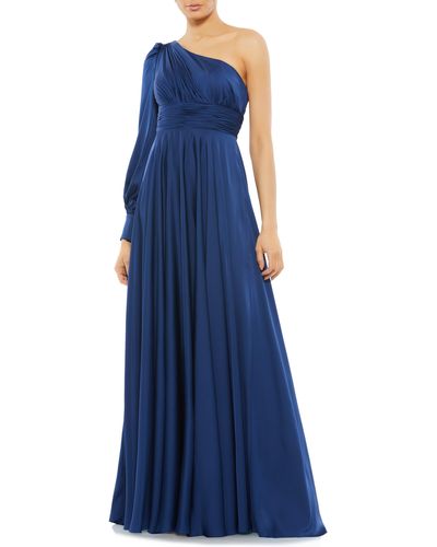 Mac Duggal One-shoulder Long Sleeve Satin Gown - Blue