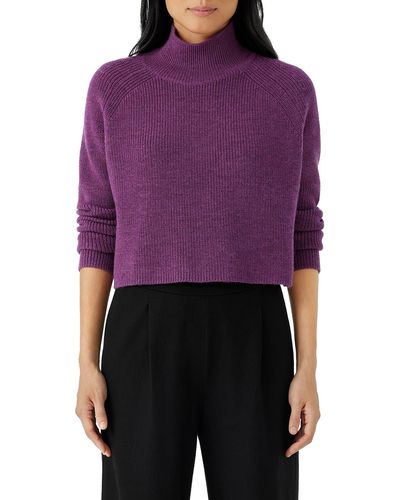 Eileen Fisher Merino Wool Crop Turtleneck Sweater - Purple
