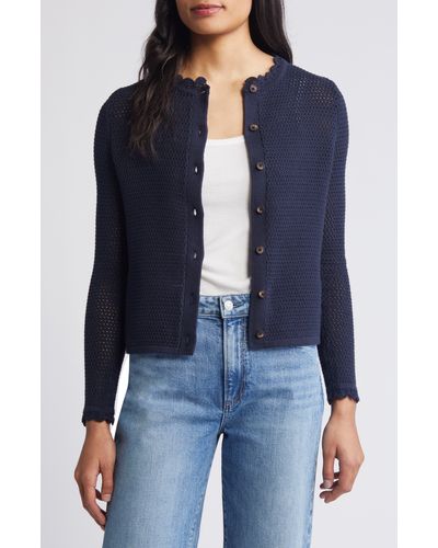 Boden Scalloped Open Knit Cotton Cardigan - Blue