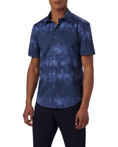 Bugatchi Miles Ooohcotton Airbrush Print Short Sleeve Button-up Shirt - Blue