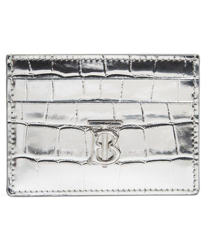 Burberry Tb Monogram Croc Embossed Metallic Leather Card Case - Gray