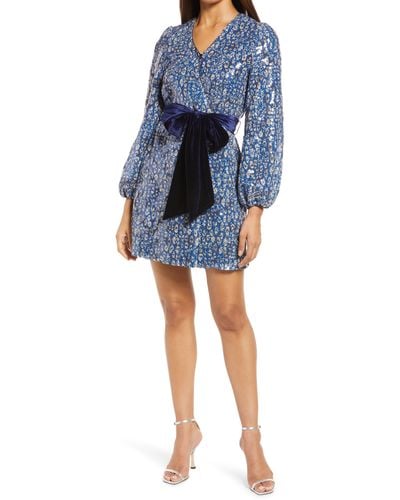 BTFL-life Sequin Floral Print Long Sleeve Shift Dress - Blue