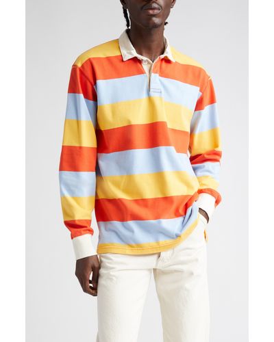 Drake's Stripe Long Sleeve Rugby Polo - Orange