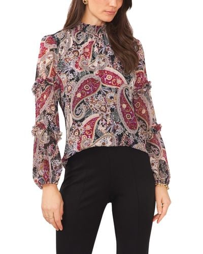 Chaus Paisley Ruffle Sleeve Mock Neck Blouse - Red