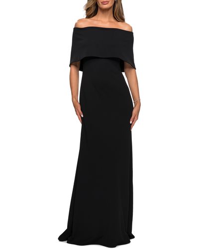 La Femme Off The Shoulder Jersey Gown - Black
