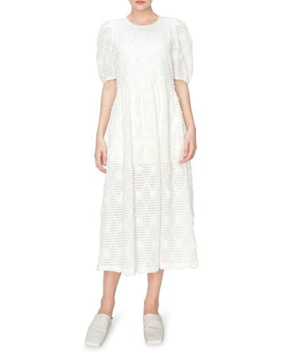 MELLODAY Textured Jacquard Puff Sleeve Midi Dress - White