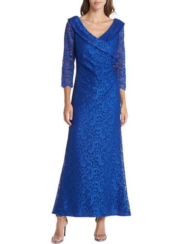 Marina Embellished Ruched Lace Column Gown - Blue