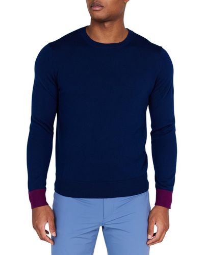 Redvanly Windward Contrast Cuff Merino Wool Sweater - Blue