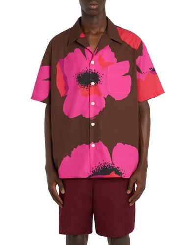 Valentino Floral Print Cotton Camp Shirt - Pink