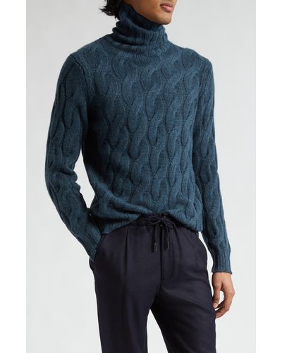 Thom Sweeney Chunky Cable Stitch Cashmere Turtleneck Sweater - Blue