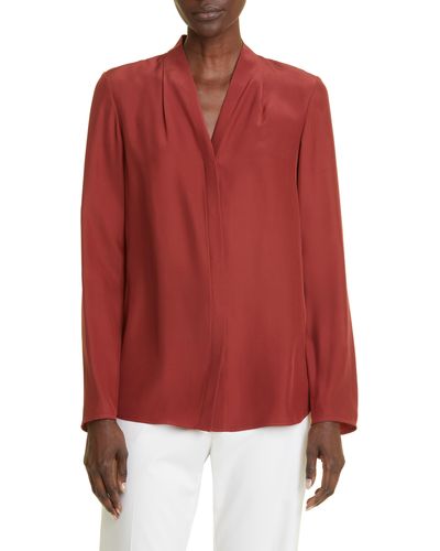 Lafayette 148 New York V-neck Silk Button-up Shirt - Red