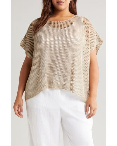 Eileen Fisher Open Stitch Short Sleeve Organic Linen Sweater - White